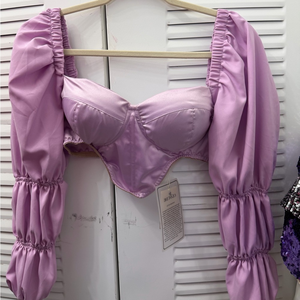 Lavender Puff Sleeve Crop Top #039